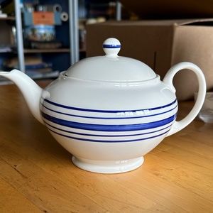Blue FARMSTEAD TICKING Ralph Lauren, 2 Cup & Saucer sets + Teapot w/lid (6pcs.)